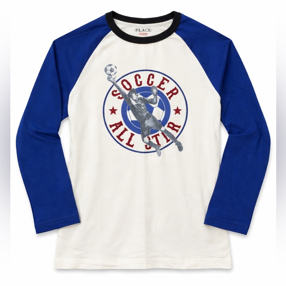 Children’s Place Boys Sz 5/6 Soccer All Star Raglan Long Sleeve Shirt Blue White